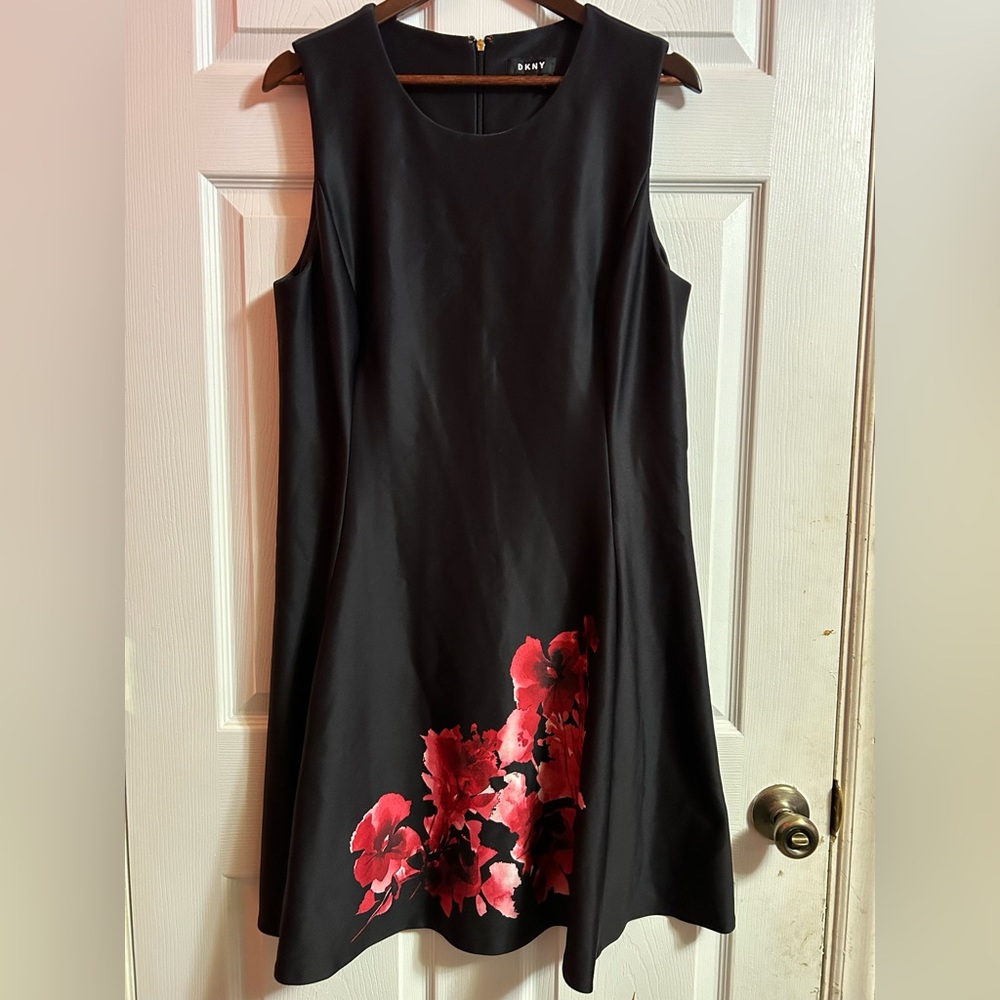 DKNY Black Dress with Red Floral Design “used”front chest minors scratch